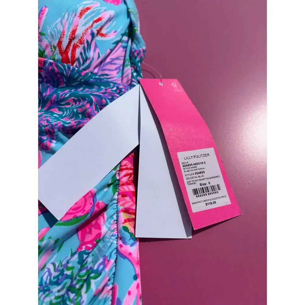 NEW Lilly Pulitzer Bliss Halter Tankini Top Celestial Blue Cay to Heart Sz 0 NWT